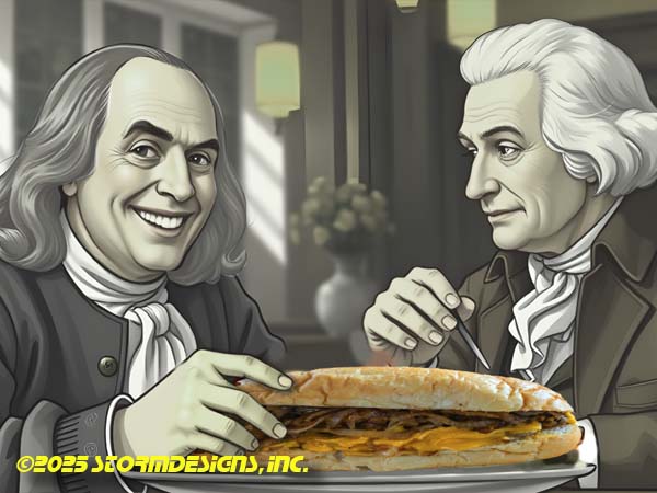 Ben-Tom-Philly-Cheesesteak Benjamin Franklin and Thomas Jefferson Enjoying a Philly Cheesesteak.