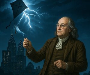Image of Ben G. Franklin using a kite to test his theory of electrical conductivity in Philadelphia PA